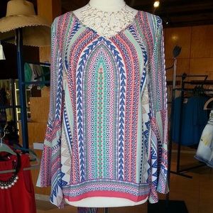 Geo print bell sleeve blouse.